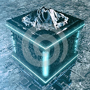 Abstract High Tech Cube With Mountain Background