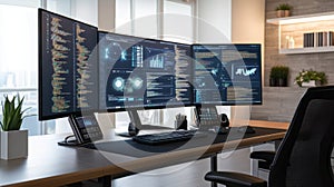 High-Tech Cybersecurity Analyst Desk with Multiple Monitors
