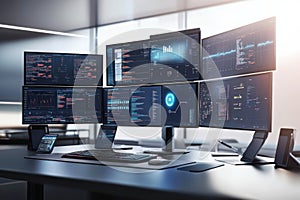 Modern cybersecurity command center with multiple monitors in a high-tech office