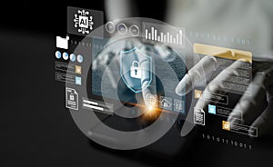 High-Tech Cybersecurity Concept with Digital Lock, Data Protection, User Interface, and AI Interaction in Modern