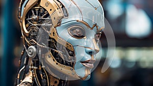 High-Tech Cyborg Face Depicting The Intersection Of Humanity And Robotics. Generative AI
