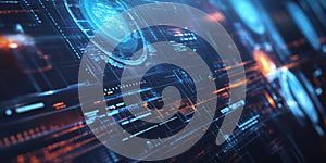 A high-tech 3D background displaying a digital interface with rotating holograms, floating