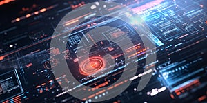 A high-tech 3D background displaying a digital interface with rotating holograms, floating