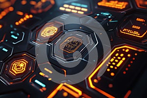 A high-tech 3D background featuring interconnected hexagonal panels with glowing symbols, resembling