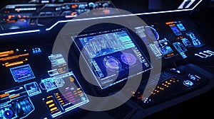 High-tech dashboard displaying data analytics in a dark control room
