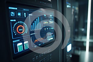A high-tech dashboard features real-time data analysis with visual graphs and performance indicators in a modern technology