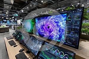 High-tech data center with advanced monitors displaying dynamic visualizations of data