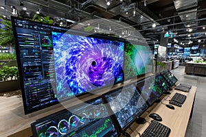 High-tech data center with advanced monitors displaying dynamic visualizations of data