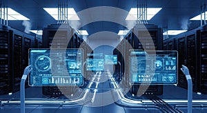 Futuristic Data Center with Holographic Interfaces and AI Hands