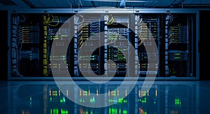 Modern server room with active network equipment and glowing cables