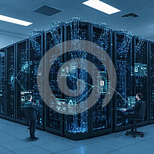 High-tech data center featuring multiple server racks interconnected with glowing