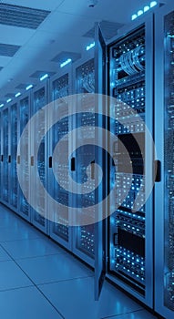 High-Tech Data Center with Glowing Server Racks
