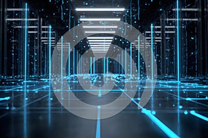 High-tech data center with glowing servers and intricate network visualizations in a modern facility
