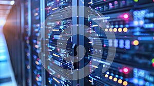 Data Center Server Racks: Hosting, Information Technology and Network Infrastructure.