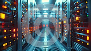 High-Tech Data Center Interior With Illuminated Servers and Rack Systems