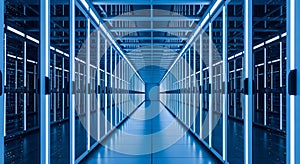 High-tech data center with rows of illuminated server racks, ideal for technology, cybersecurity, and cloud computing concepts
