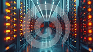High-Tech Data Center With Rows of Illuminated Servers and Cooling Lights at Night