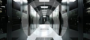 High-tech data center with rows of server racks and advanced technology infrastructure