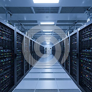 A high-tech data center with rows of server racks on each side, filled with blinking