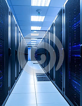High-Tech Data Center Server Rack Corridor