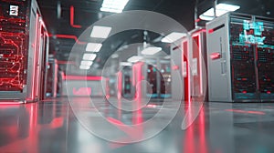 High Tech Data Center with Server Racks and Neon Red Lighting in Modern Cloud Computing Facility