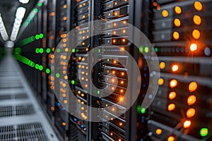 High-Tech Data Center Server Room with Blinking LED Lights Generative AI