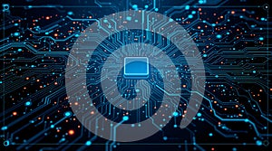 High-Tech Digital Circuit Board with Glowing Blue Traces and Central Processor, Symbolizing AI, Computing, and Data Flow on a Dark