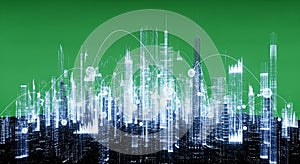 Futuristic Digital Cityscape with Data Analytics and Networking Elements