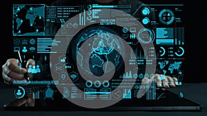 High-Tech Digital Communication Network Interface with Global Data Visualization and Interactive Analytics Display for