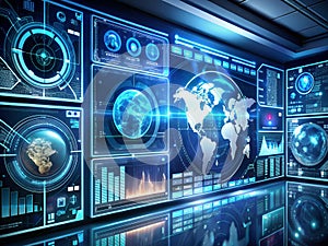 futuristic control room data visualization interface