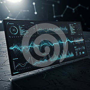 A high-tech digital dashboard displaying various data visualizations, including graphs