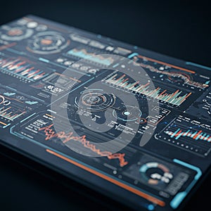 A high-tech digital dashboard featuring various analytics and data visualizations.
