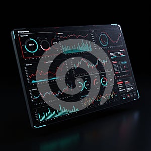 A high-tech digital dashboard featuring various data visualizations, including line and
