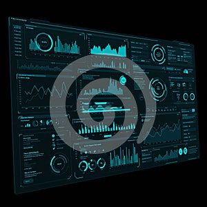 High-tech digital dashboard with multiple data visualizations, including line graphs,
