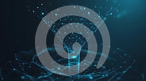 High-Tech Digital Data Funnel - Blue Wireframe Network & Information Flow