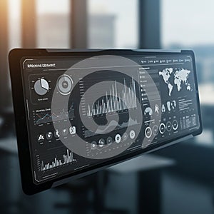 A high-tech digital display showcases various data visualizations, including pie chart