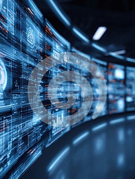 High-tech Digital Interface Displaying Data Analytics and Visualizations in a Futuristic Environment