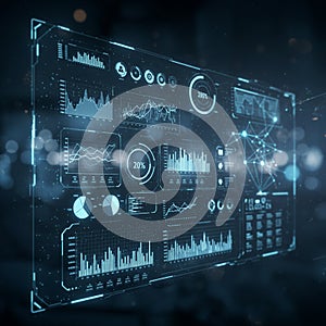 High-tech digital interface displaying various data visualizations, including bar graph