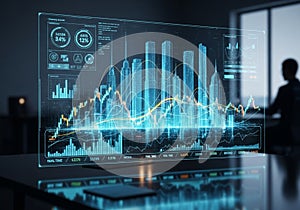 A high-tech digital interface displaying various