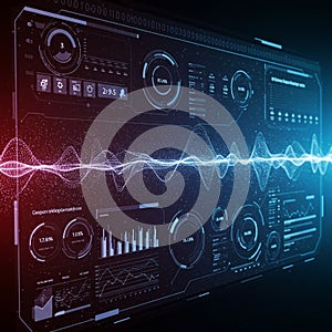 A high-tech digital interface displays an array of circular and rectangular data