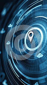 Futuristic digital interface with a central location pin symbol, AI
