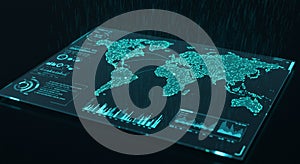 A high-tech digital interface displays a glowing world map, highlighting continents