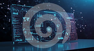 A high-tech digital interface screen displaying futuristic data visualizations and