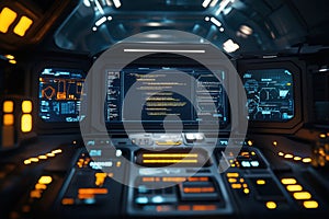 Futuristic digital interface displaying code in a dark, high-tech environment with glowing screens at the intersection