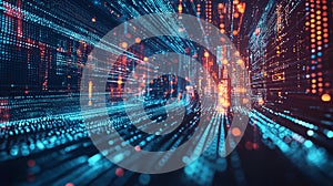 High-tech digital light patterns in abstract blue and orange