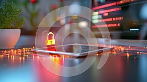 A high-tech digital lock in front of a glowing computer screen, securing sensitive business and personal data