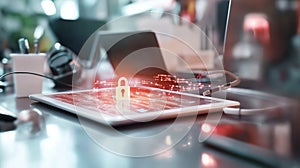 A high-tech digital lock in front of a glowing computer screen, securing sensitive business and personal data