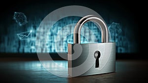 A high-tech digital lock in front of a glowing computer screen, securing sensitive business and personal data