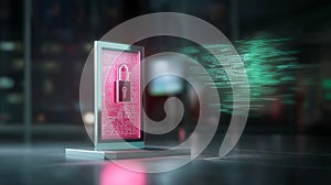 A high-tech digital lock in front of a glowing computer screen, securing sensitive business and personal data