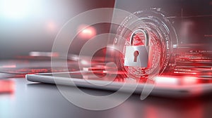 A high-tech digital lock in front of a glowing computer screen, securing sensitive business and personal data